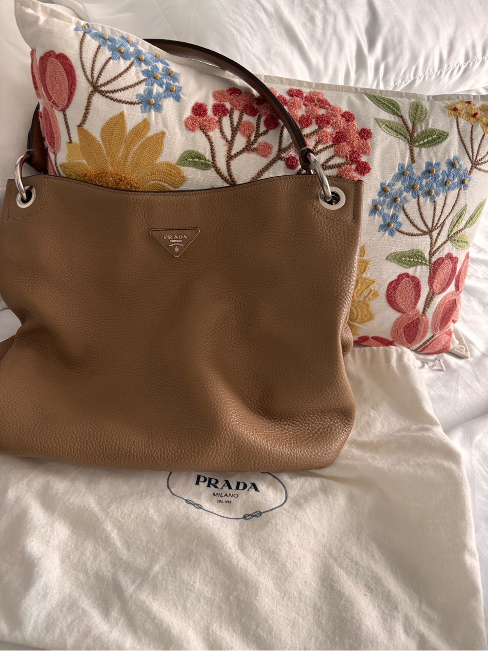 Prada Tan Pebbled Leather Shoulder Bag with Silver Grommet Hardware